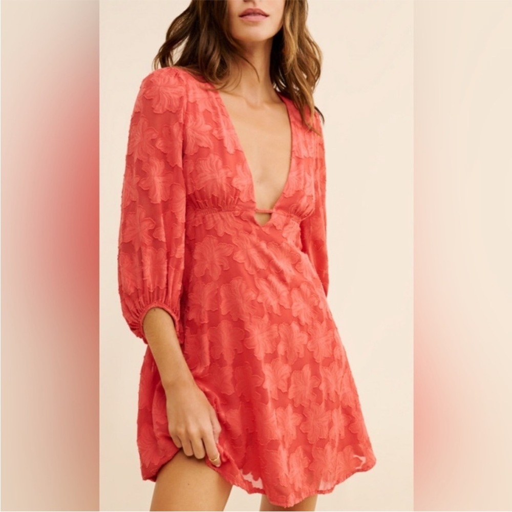 Anthropologie Jacquard Plunge Mini Dress Raspberry Red Puff Sleeve Deep 12 NEW